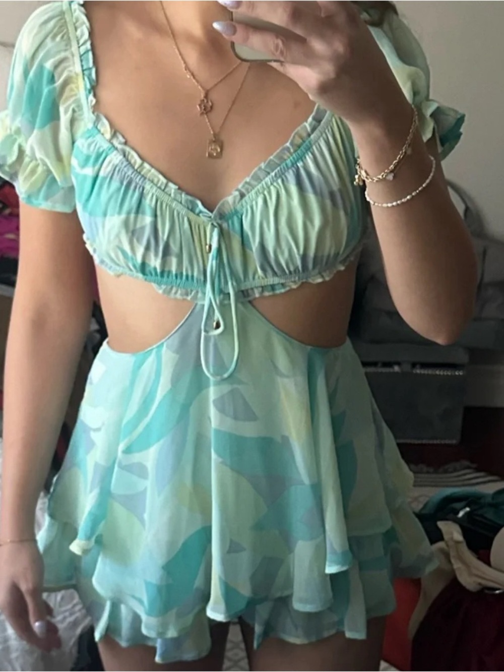 Sky To Moon Cutout Backless Ruffle Mini Romper